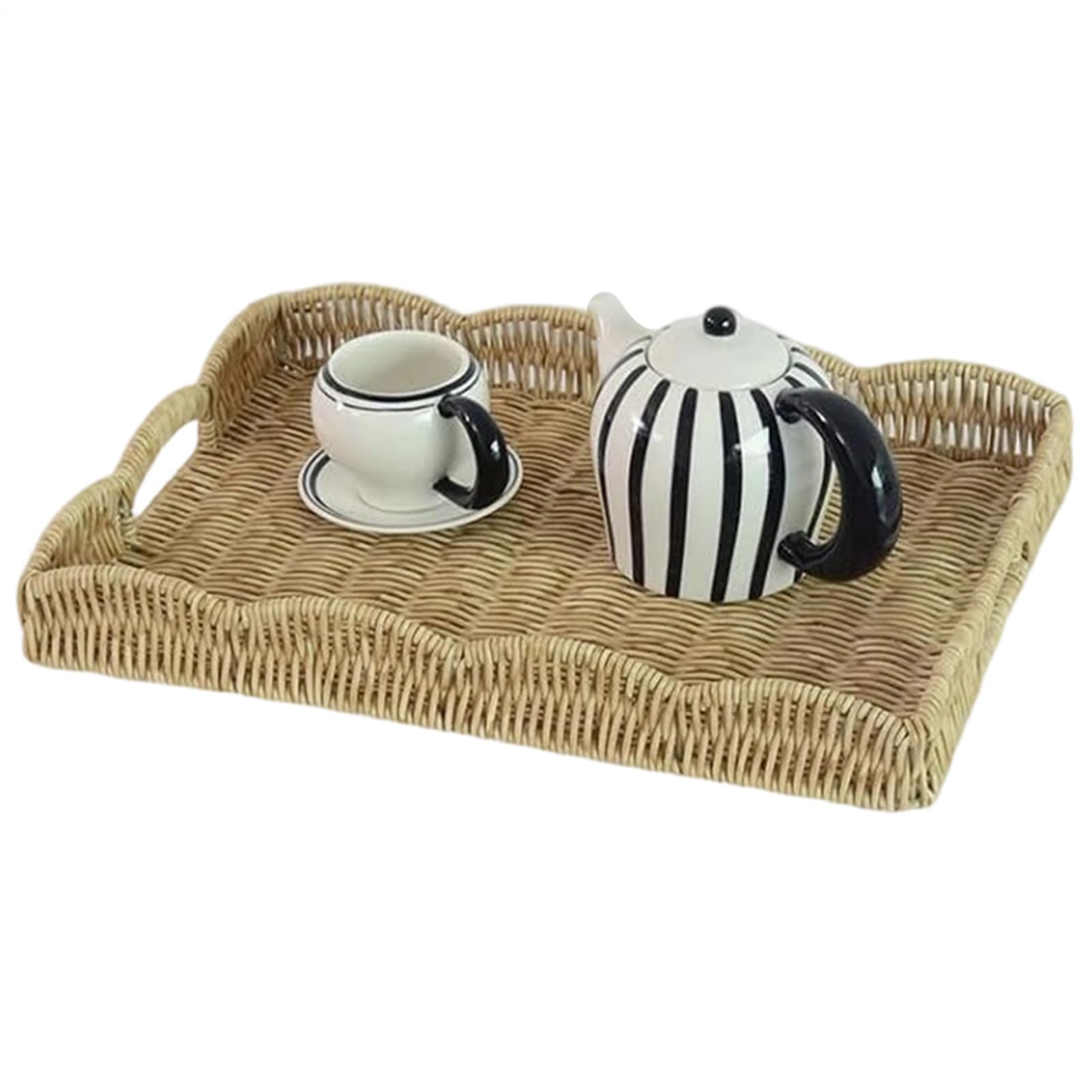 Rattan Tray with Handles, Hand Woven Wicker Serving Basket, Scalloped Edge Design, Rectangular Decorative Tray, Imitation Rattan Fruit Basket for Coffee, Drink, Breakfast, Tea, Candle