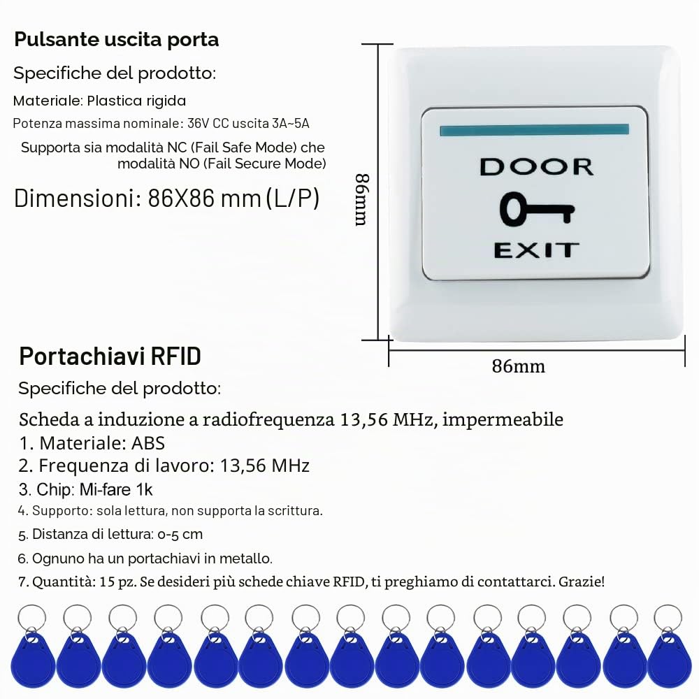 TUYA Kit di Controllo Degli Accessi Impermeabile,Tastiera Touch RFID,Serratura Elettronica a Chiave,Alimentazione 3A,Pulsante del Cambio,Campanello Cablato,15 Chiavi da 13,56MHz