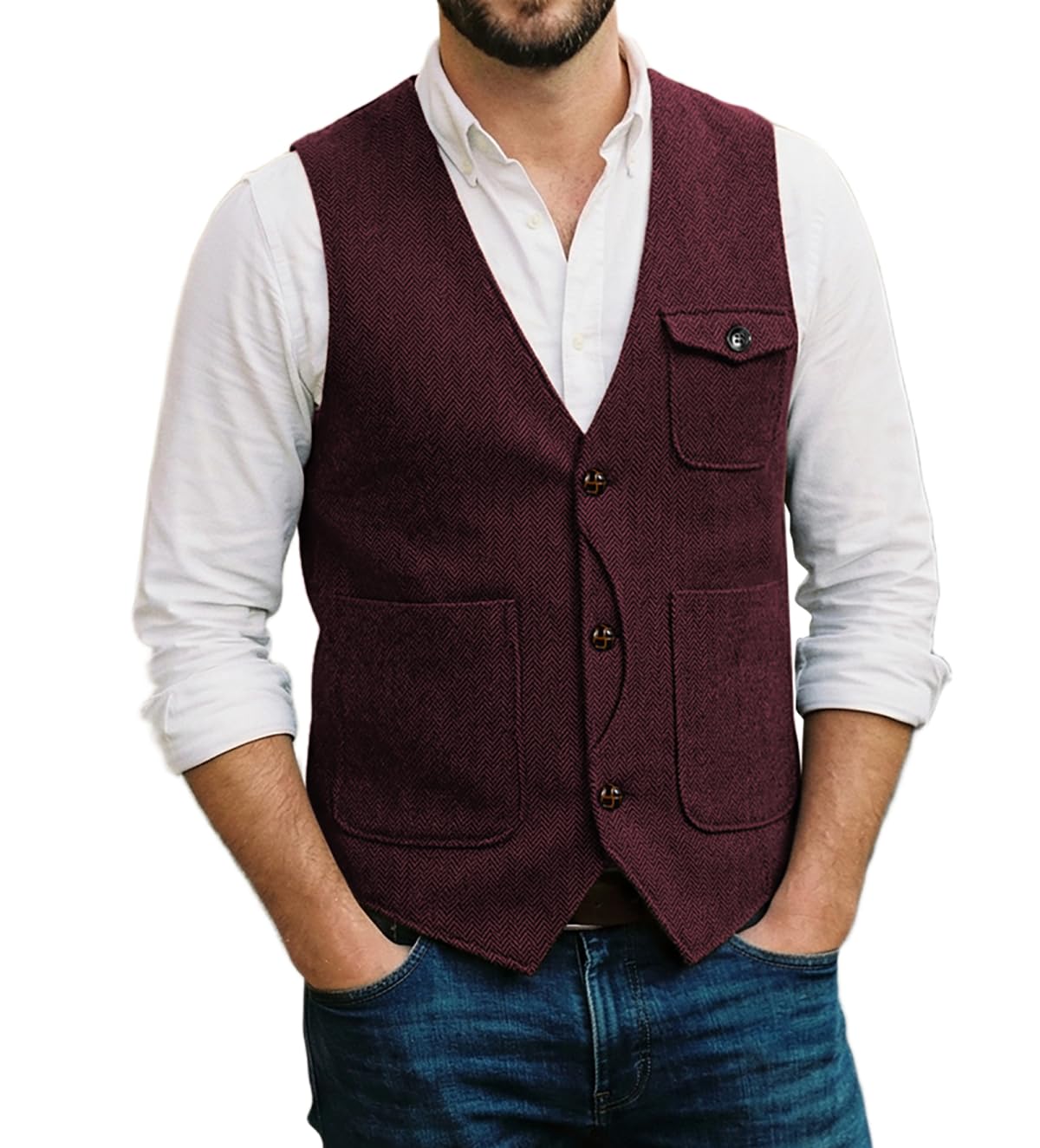 Solovedress Mens Vintage Wool 3 Real Pockets Suit Vest V Neck Tweed Waistcoat for Wedding Groomsmen(Burgundy,XXXL)