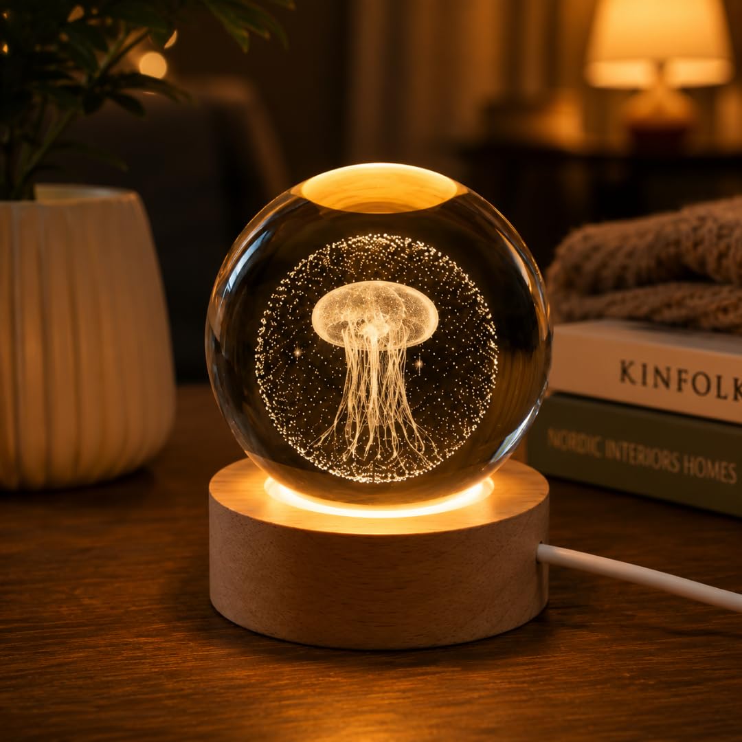 Desidiya 3D Crystal Jelly Fish Lamp | Engraved Crystal Ball LED Night Light with Wooden Base, USB Powered | Romantic Home Décor & Valentine Day Gift for Her, Him & Couples (Warm White)