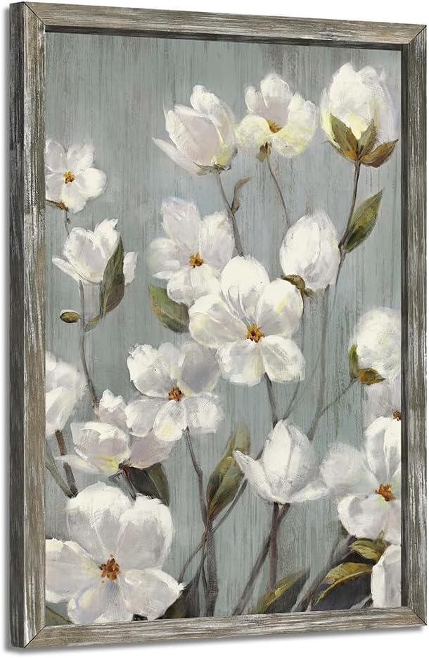 Rustic Flower Wooden Wall Art: Vintage White Floral Framed Oil Painting Abstract Botanical Picture Modern Blossom Prints Artwork for Living Room Bedroom Farmhouse 16"L x 24"W white