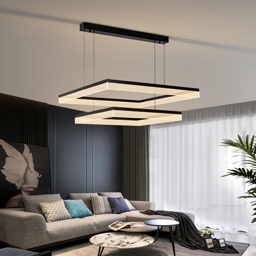 LYSDjia Dimmable Modern Chandelier 68W Black Aluminum LED Acrylic Kitchen Island Light with Remote Control 3000K-6500K Living Room Large Lighting DIY Shape Square Pendant Light for Bedroom Restaurant
