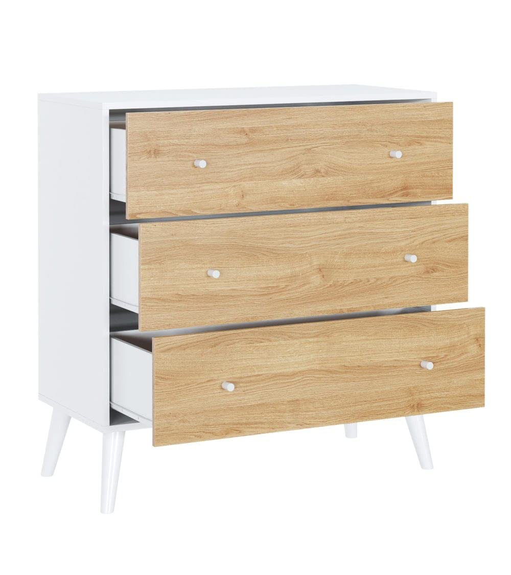 Home Heavenly® - Cómoda Dormitorio 3 cajones Leah, Estilo nórdico, Color Blanco y Roble, 106x100x45 cm.