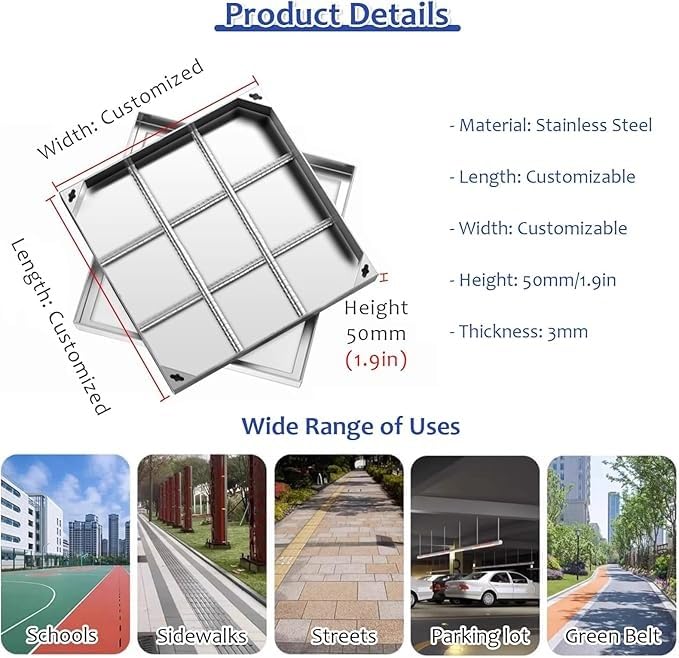 Heavy Duty Manhole Cover And Frame - 2.6t Load Stainless Steel Invisible Square Septic Tank Lid For Paving - Recessed Metal Sewage Basin Cover Customisable(LxW-39x39in/100x100cm)