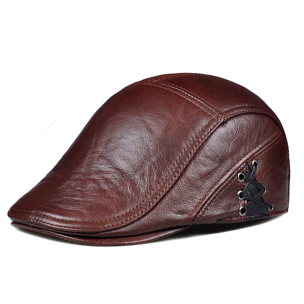 G&F Anziani Pelle Vera Berretto Pelle Bovina Cappello Piatto Tenere Caldo Inverno Moda 55-60 Cm (Color : Red Brown, Size : L)