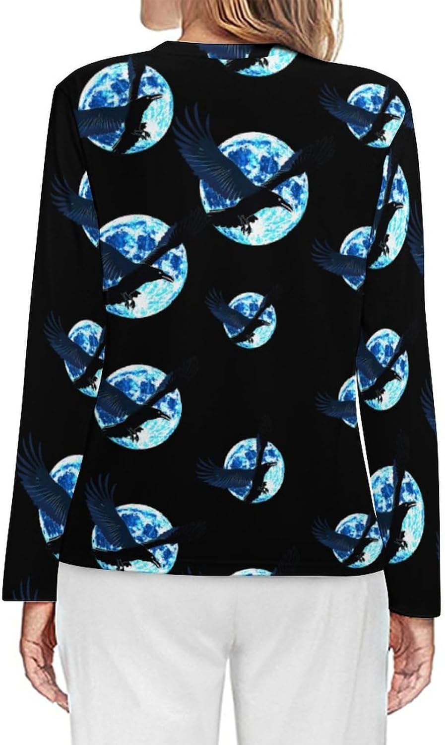Flying Raven Full Moon Women's Pajama Top Sleepwear Pajamas Sleep T-Shirt Long Sleeve Shirt Crewneck Tee
