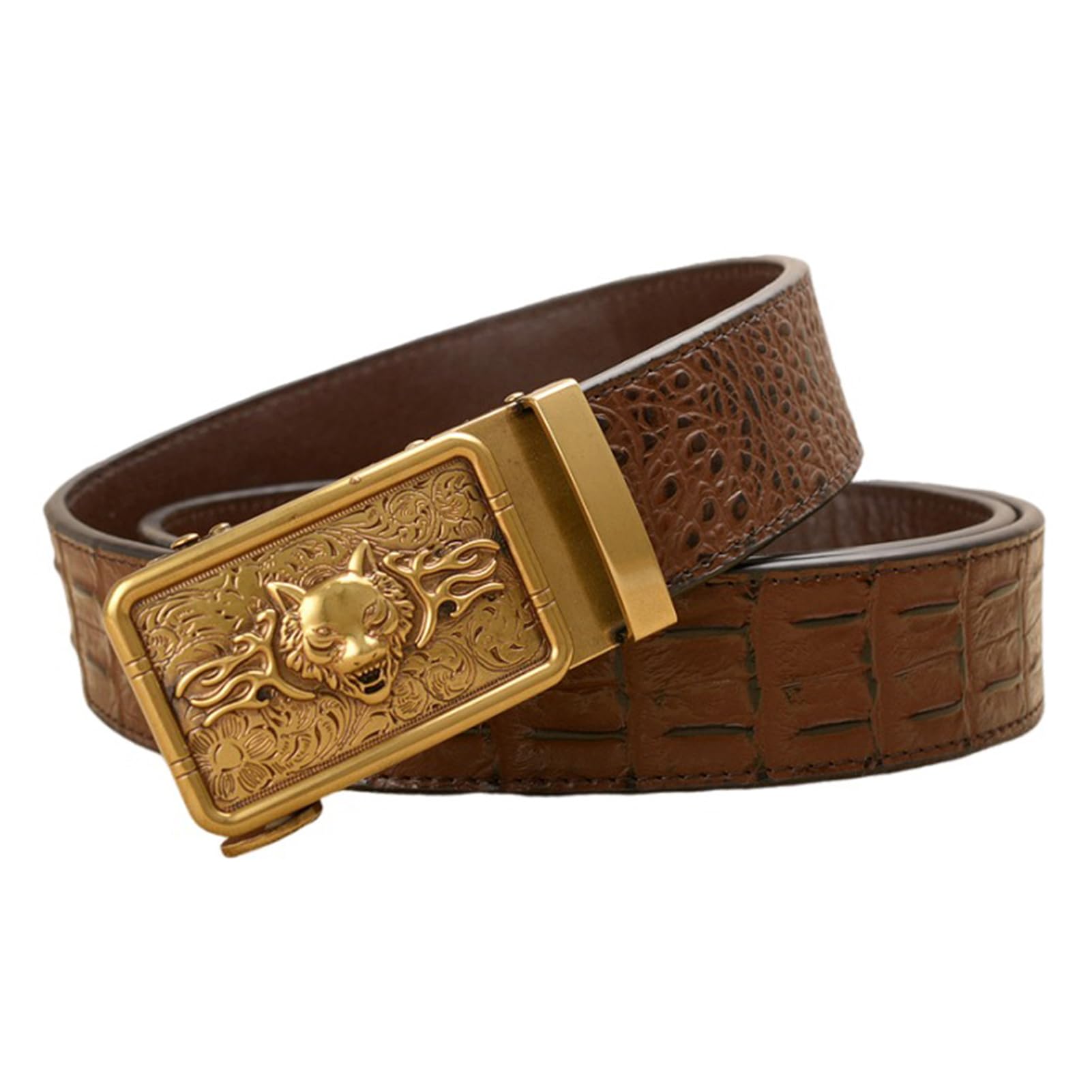 Cinturón De Trinquete Cocodrilo Tallado Wolf Fox For Hombre