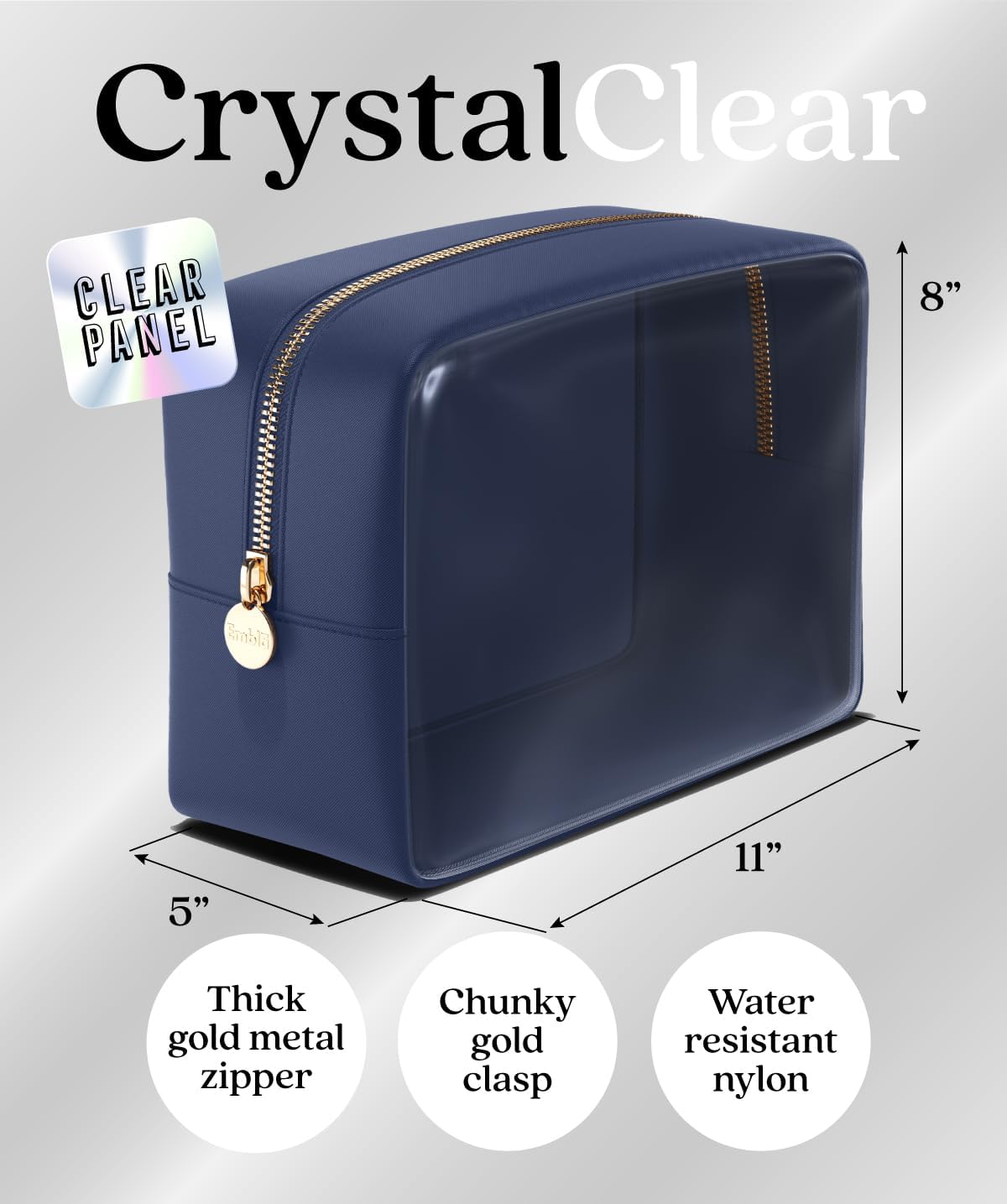 Embla Clear Large Makeup Bag and Waterproof Nylon Travel Toiletry Bag, See Through Cosmetic Zipper Pouch, Navy Blue - Image 2
