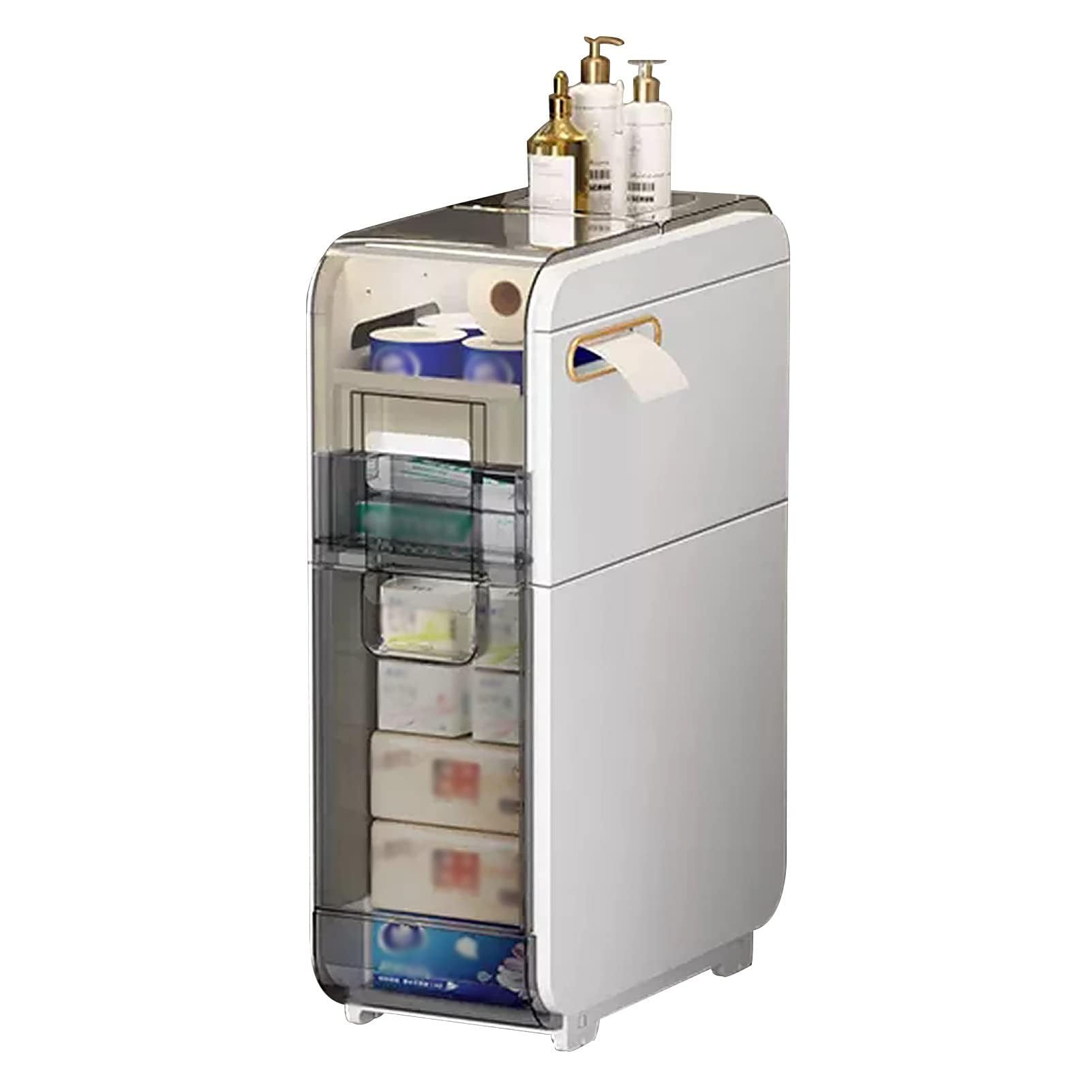Gabinete de almacenamiento de baño Delgado con cajones transparentes, ruedas y organizador de plástico, diseño Vertical para espacios reducidos