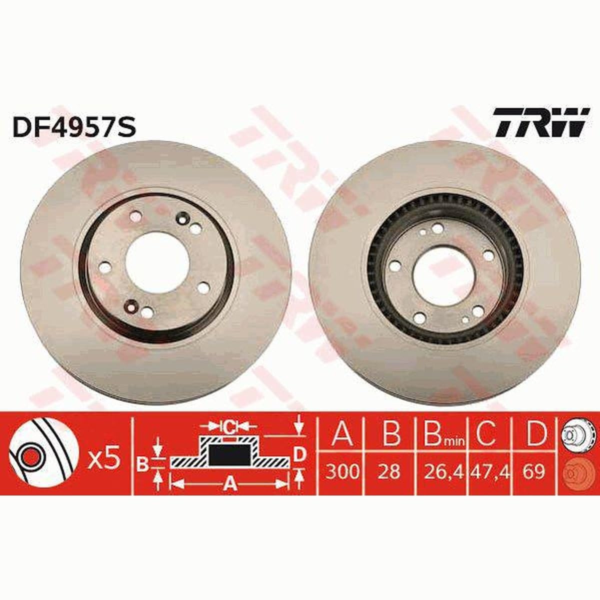 TRW DF4957S, 2 szt Tarcze Hamulcowe przód 300mm