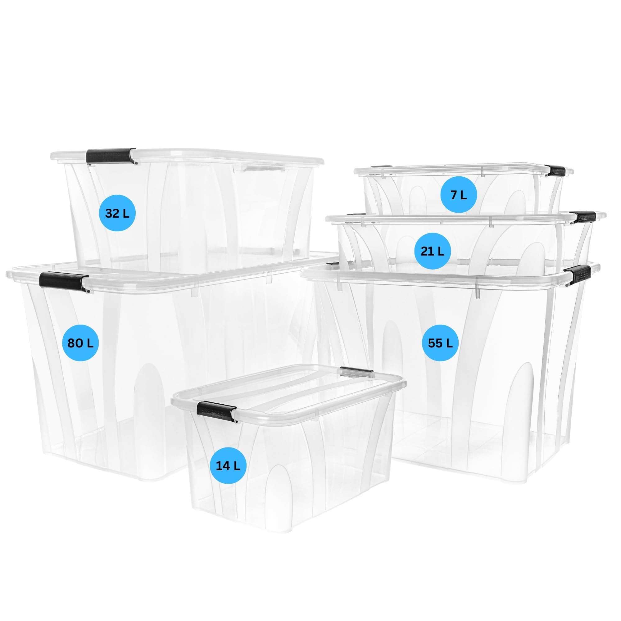 Aufbewahrungsboxen mit Deckel 7L 14L 21L 32L 55L 80L Plastik Boxen Klickverschluss Stapelboxen Sets Lebensmittelecht Haushalt & HLKauf-Block (4x 55Liter & 1x HLKauf-Block)
