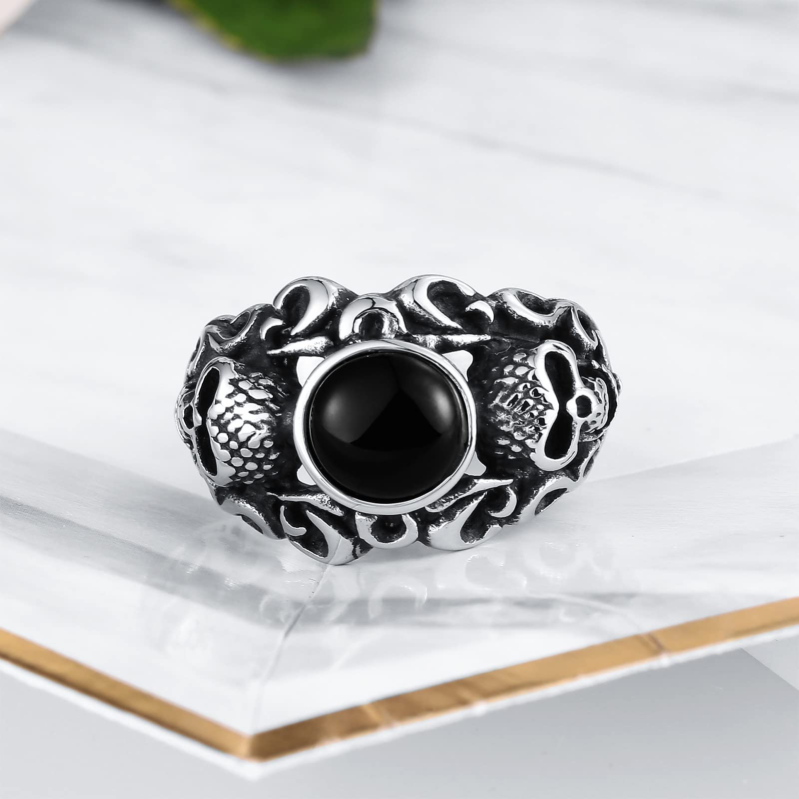 Anello A Fascia Uomo Acciaio Anelli Fidanzamento Uomo Anello Teschio Gotico con Pietra Rotonda Anelli Fidanzamento Marrone/Nero Taglia 15 to 25