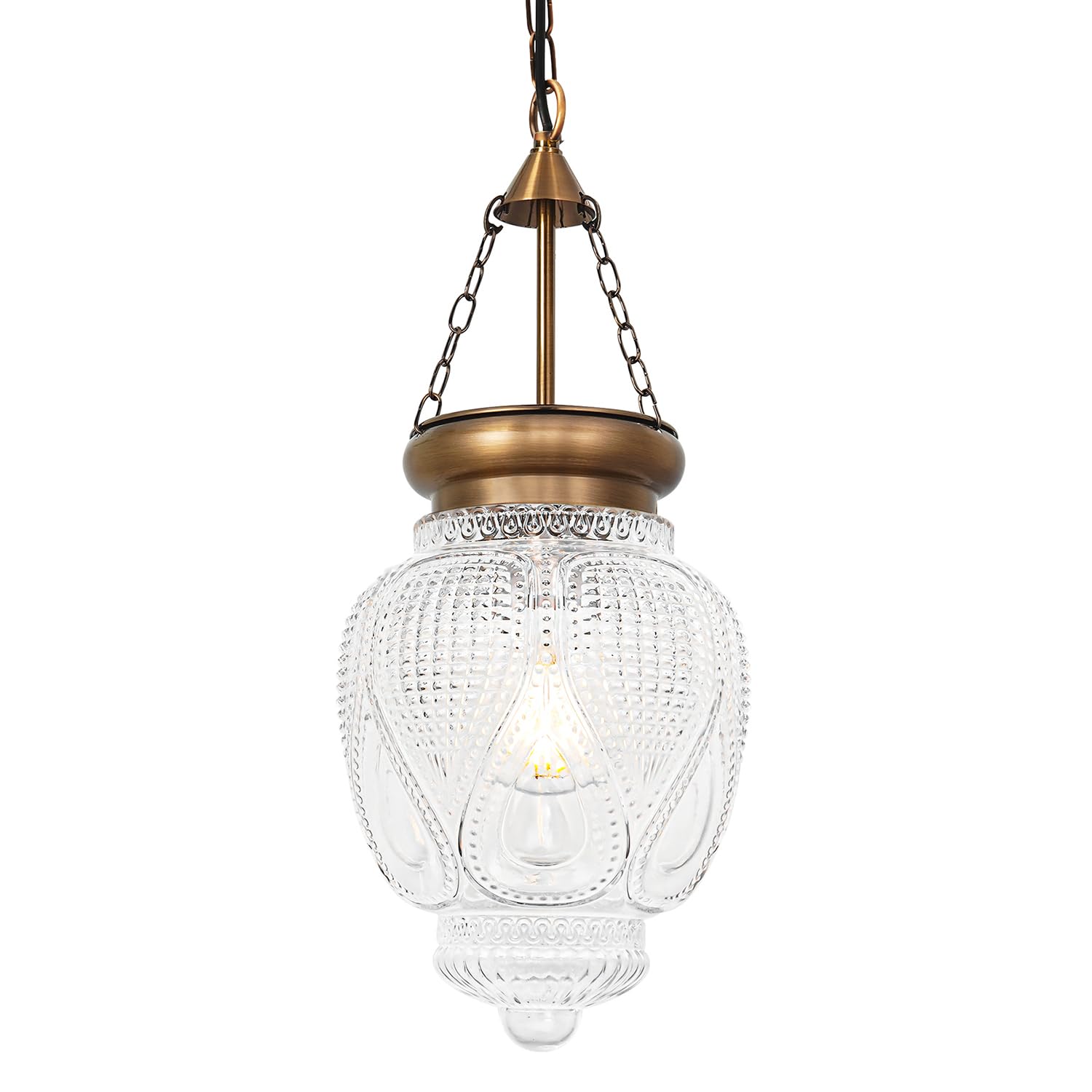 Farmhouse Brushed Pendant Light with 7.9in Clear Heavy Thick Glass, Vintage Brass Gold Pendant Lights Kitchen Island, Kitchen Island Lighting Over