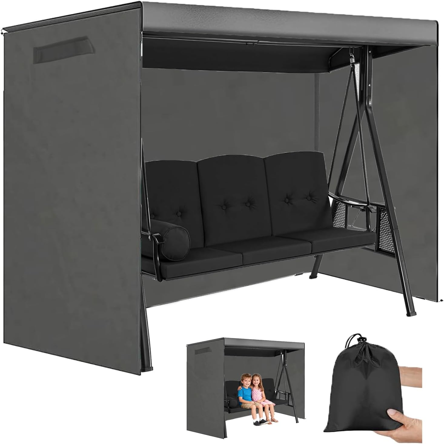 Outdoor Swing Cover, Waterproof Hammock Cover Fits Patio Swing 1/2/3/4 Seater & Backyard Garden Porch Swings,Hammock Glider Chair Patio Furniture Covers,Black,70Lx48Wx60H/ in