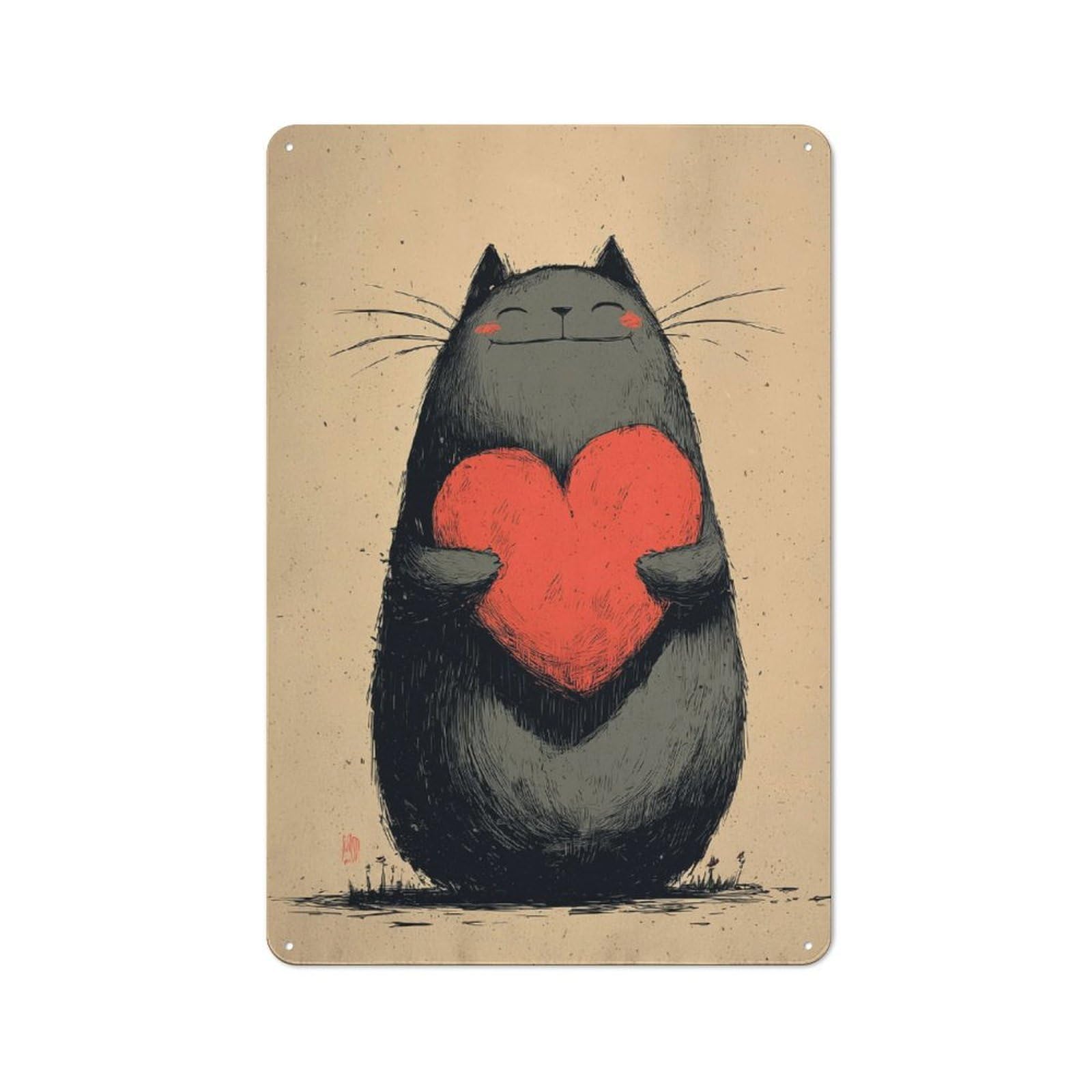 Junmoney Style-4 Barn Style Farmhouse Metal Sign 30X20cm Featuring Cat Holding Heart, Cottage Wall Art For Kitchen, Cottage, Porch Or Garden Room