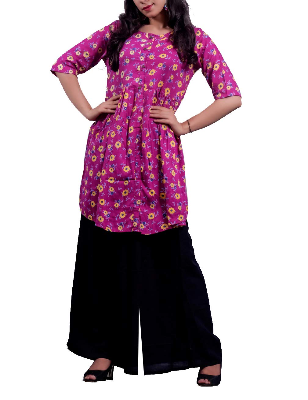 Vaachi Women's Printed Regular Fit Frock Style Rayon Short Kurti Purple