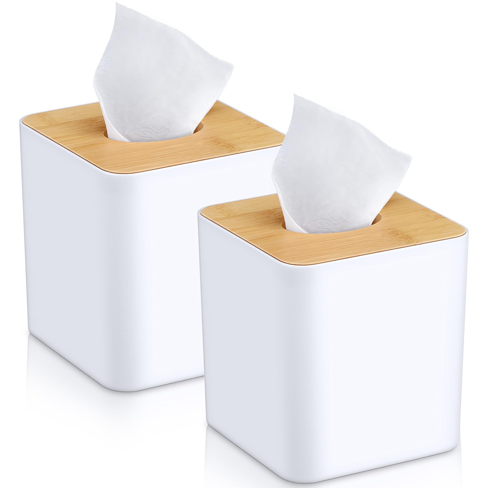 Photo 1 of Teenyyou 2 Pcs Tissue Box Cover Square Paper Holders 5x5 Inch Tissue Box Cover Plastic Holder Wood Plate for Bathrooms, Kitchen, Office, Home, Bedroom Dresser, Countertop (White)