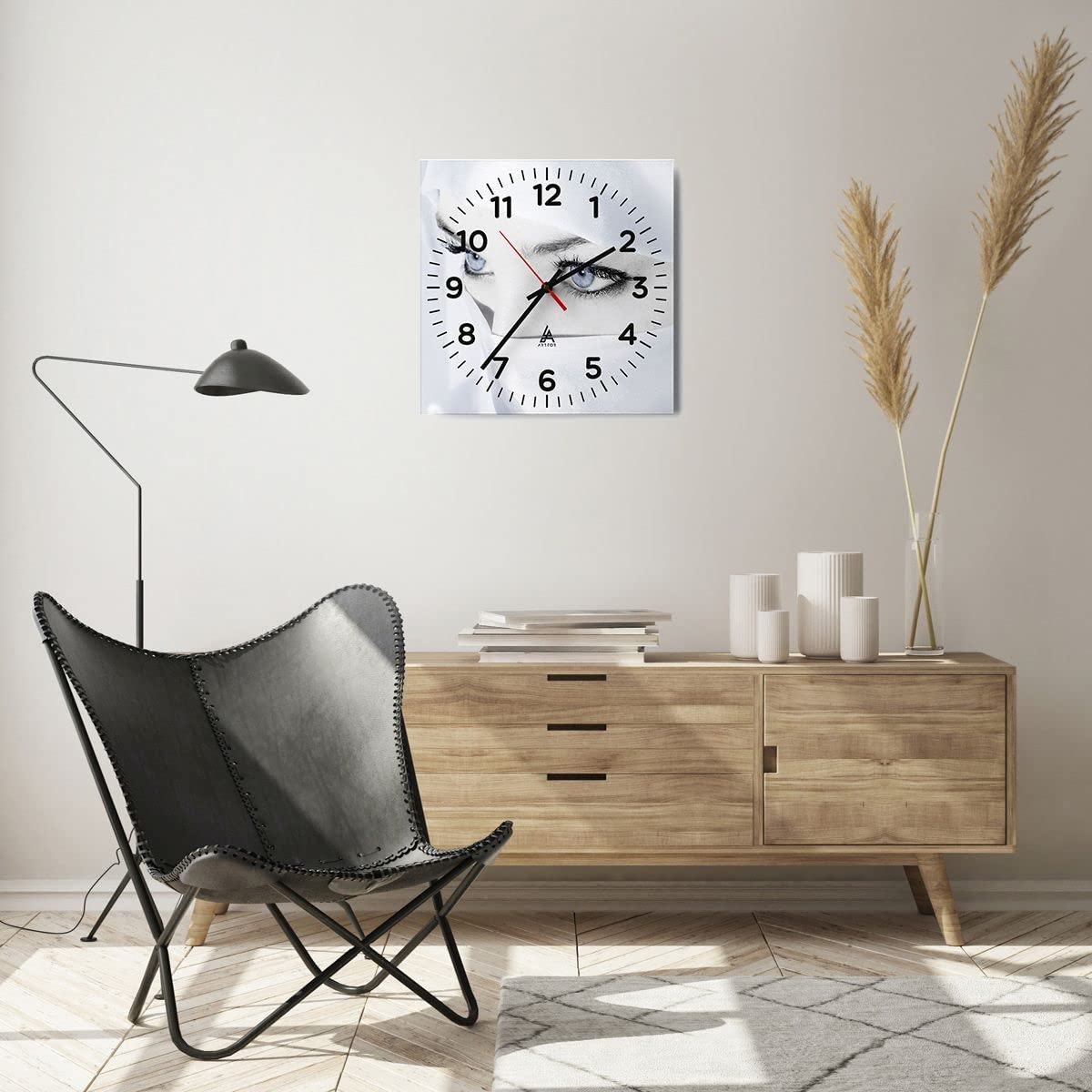 Orologio Da Parete In Vetro 40x40 Cm Design Labbra E Cappello - Silenzioso, Moderno, Per Soggiorno E Cucina - C3AC40x40-2947