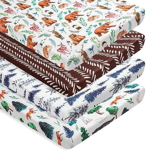 REZIPO 4 Pack N Play Sheets Woodland Forest Animals Wood Tree Neutral Unisex Fitted Baby N Play Sheets Set for Standard Pack and Plays and Mini Cribs for Baby Boys or Girls by REZIPO - Used condition - CA$26.99