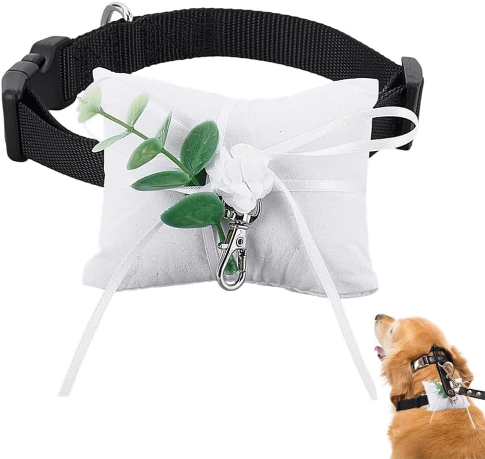 NBEADS 1 Set Dog Ring Bearer Wedding Pillows, 7.5x3.1 Inch Velvet Ring Display Pillow with Collar Alloy Swivel Clasps, for Dog Collar Engagement Proposal Ceremony Party, White