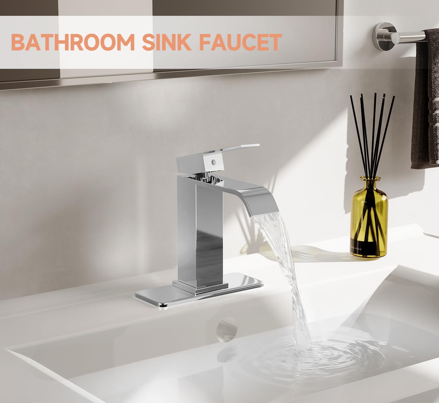 Chrome Bathroom Faucets, Evolvegoods Modern Waterfall Bathroom Faucet, Single Handle 1 or 3 Hole Bathroom Sink Faucet, RV Mixer Tap Vanity Faucet with Deck Plate, Pop-up Drain and Supply