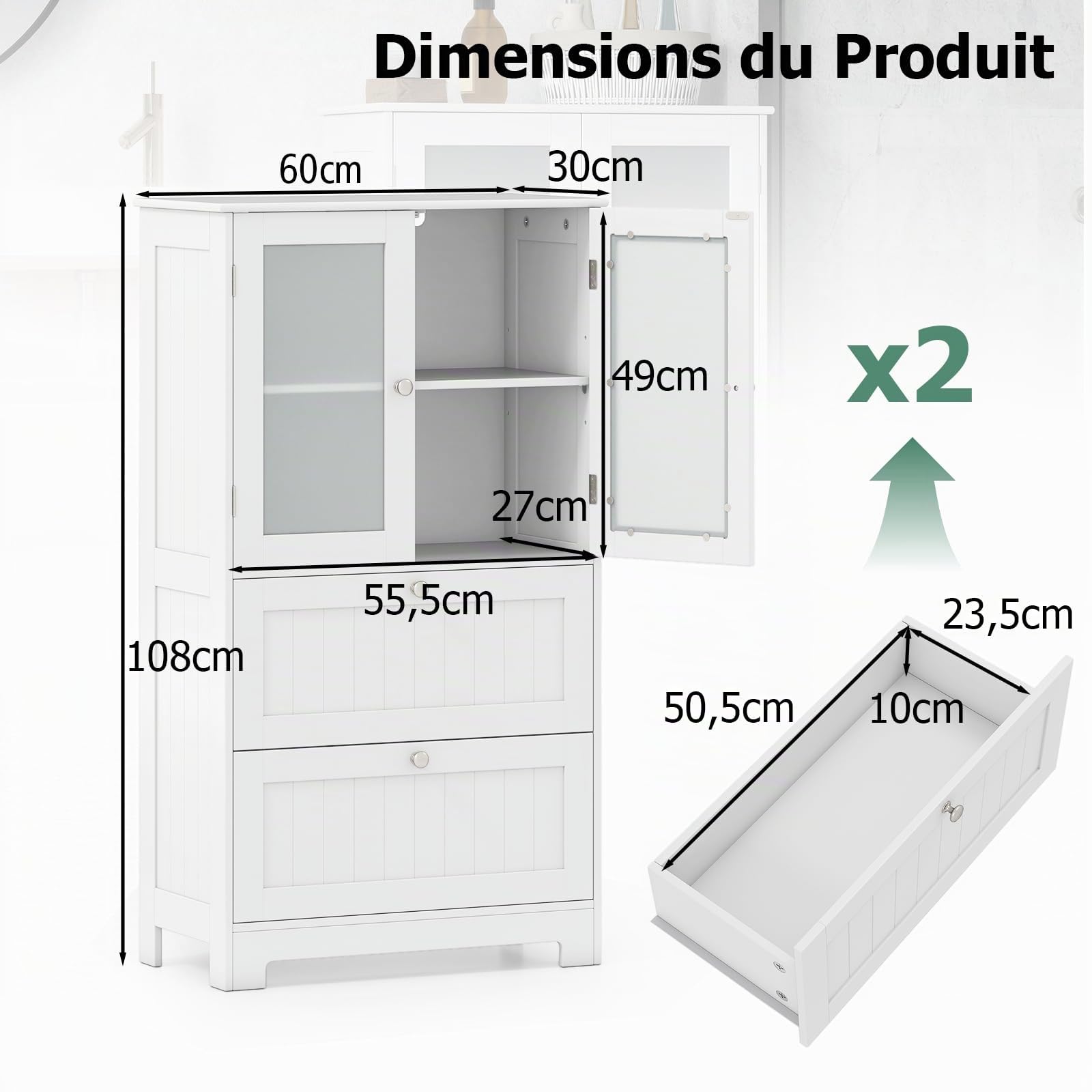GOPLUS Meuble Salle de Bain, 60 x 30 x 108 CM, Colonne Salle de Bain avec 2 Portes en Verre Trempé, Plateau Grand, 2 Tiroir Coulissant, Étagère Réglable sur 3 Niveaux, Idéal pour Salon, Cuisine, Blanc
