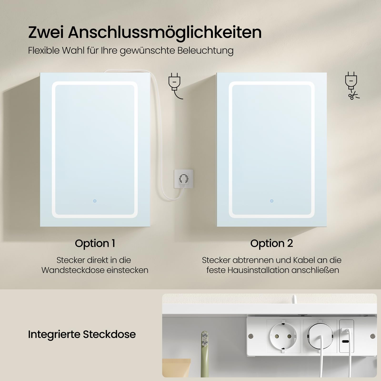 EUGAD Spiegelschrank für kleine Wohnungen Badzimmer, mit 1 Spiegeltür, 3 einstellbare Farbtemperaturen, mit verstellbaren Einlegeböden und Steckdosen, Weiß, 50 x 70 x 14,5 cm