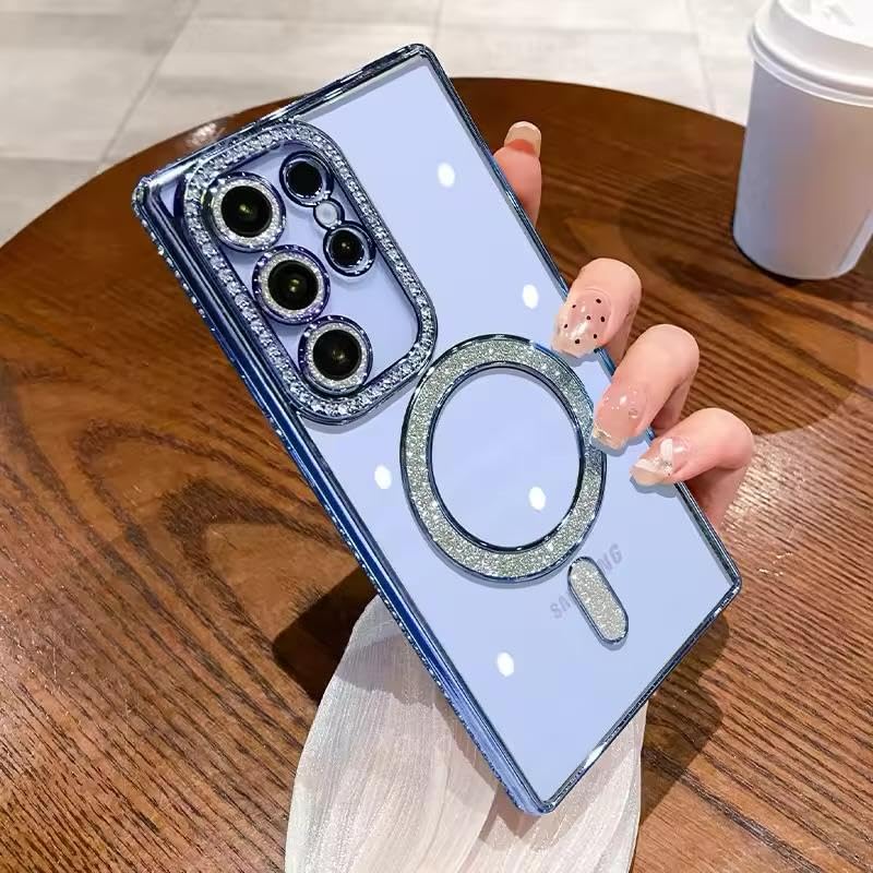 Image of for Samsung Galaxy Glitter Case,Luxury Bling Rhinestone Diamond Plated Bumper Case,MagSafe, Sparkle Camera Lens Protection Clear Back Cover (Blue, for Samsung Galaxy S24 Ultra)