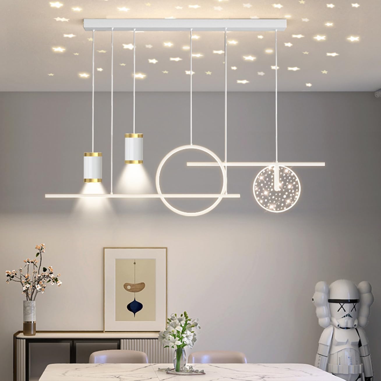 LED Dimmable Pendant Lamp, Linear Design Dining Table Lamp, Height Adjustable Chandelier for Dining Room, Kitchen, Office (White, 120cm)