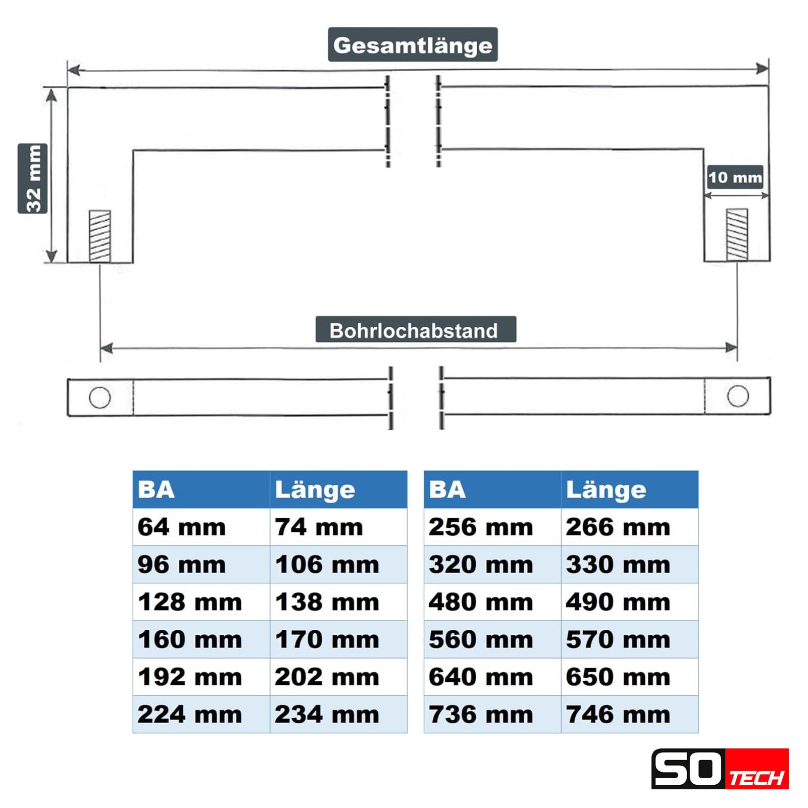 SOTECH Maniglia a barra per mobili maniglia E8 in vero acciaio inossidabile Distanza di montaggio 320 mm