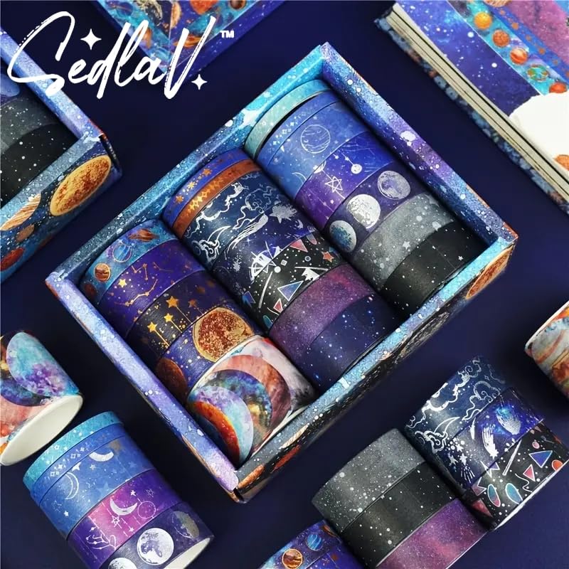 Miniatura 2 de SEDLAV 19 rollos de calcomanías temáticas de universo para álbumes de recortes, cinta adhesiva fina Washi para decoración de cuadernos, material de