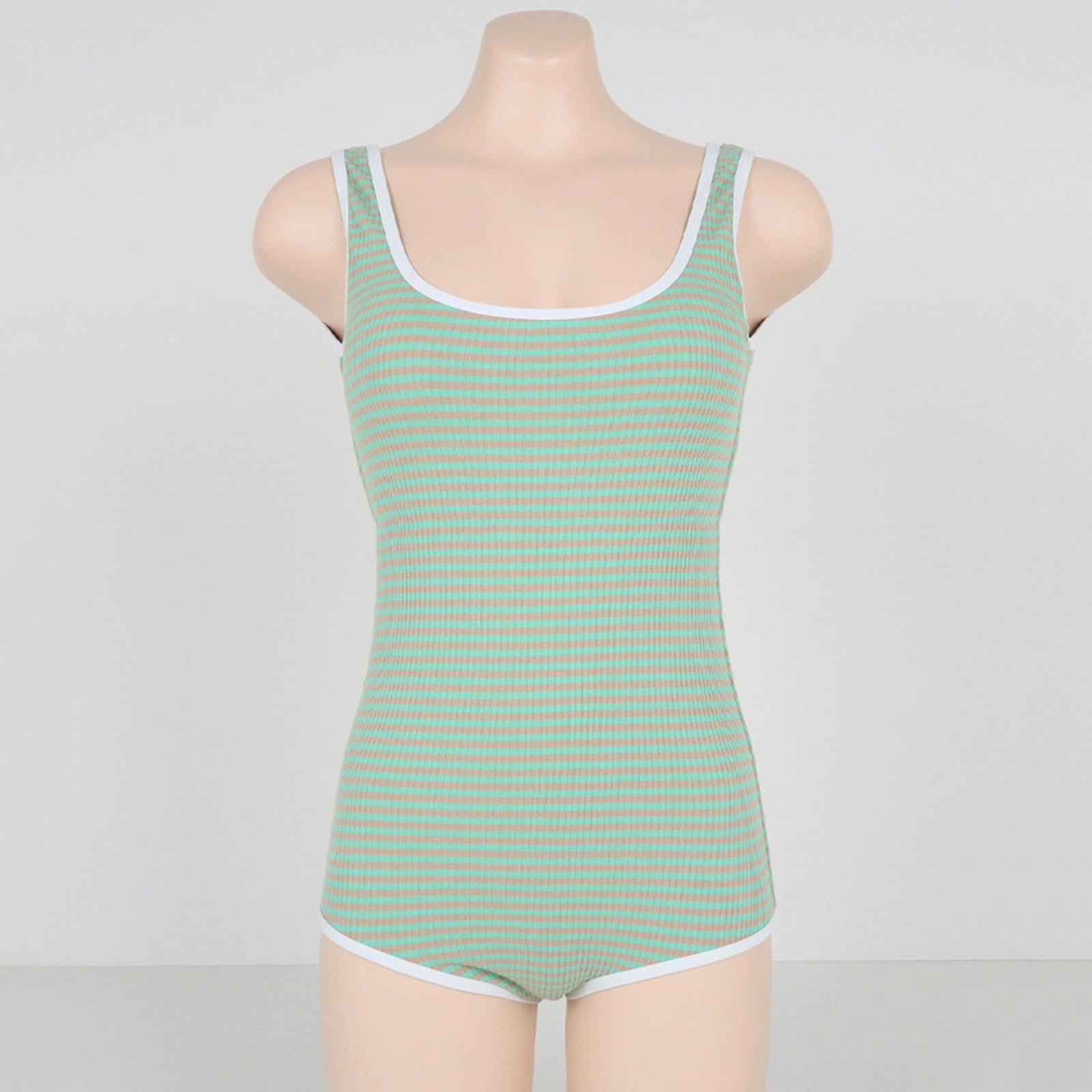 Bañador de Una Pieza A Rayas para Mujer, Escote Redondo Cuadrado, Tirantes Anchos, Diseño de Espalda En Forma de U, Ideal para Las Vacaciones En La Playa