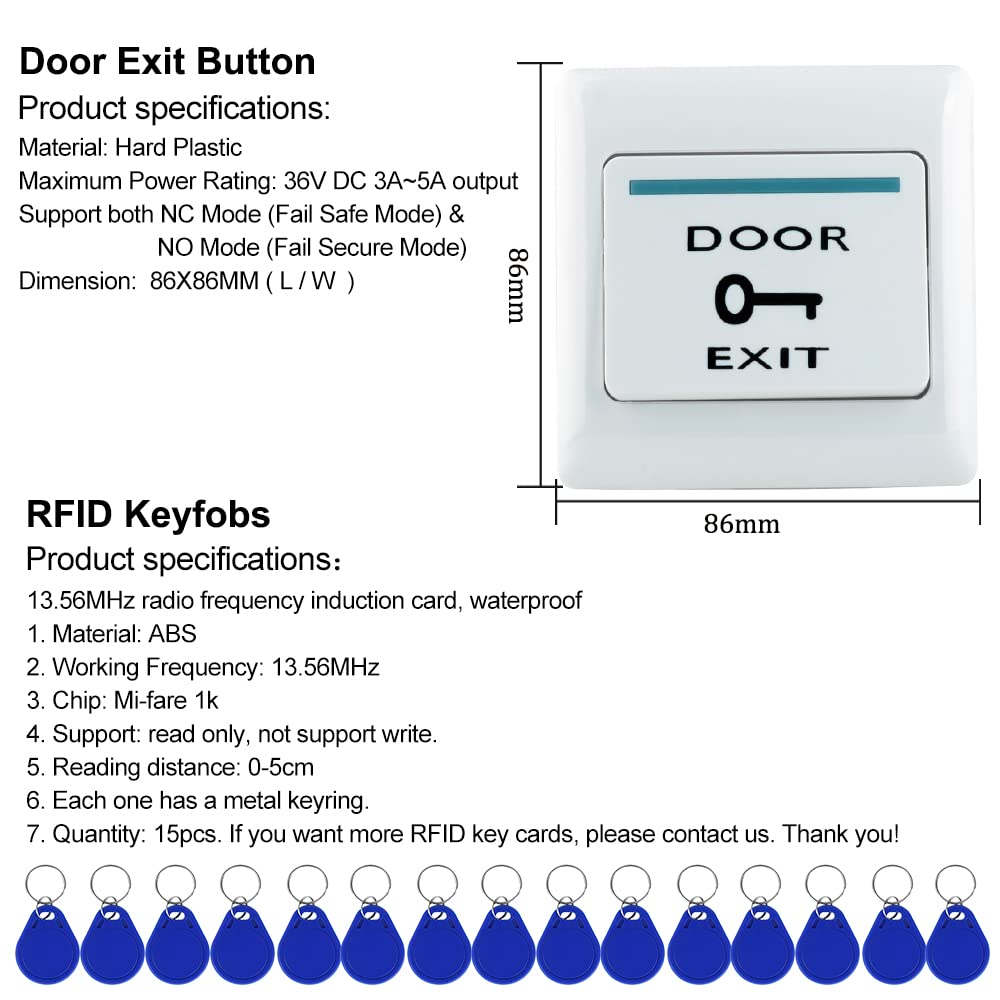 Tuya Impermeable Kit de Control de Acceso,Teclado RFID Táctil, Abrepuertas Eléctrico de Bloqueo,Fuente de Alimentación 3A,Botón de Interruptor,Timbre,15pcs IC 13.56MHz Keyfobs