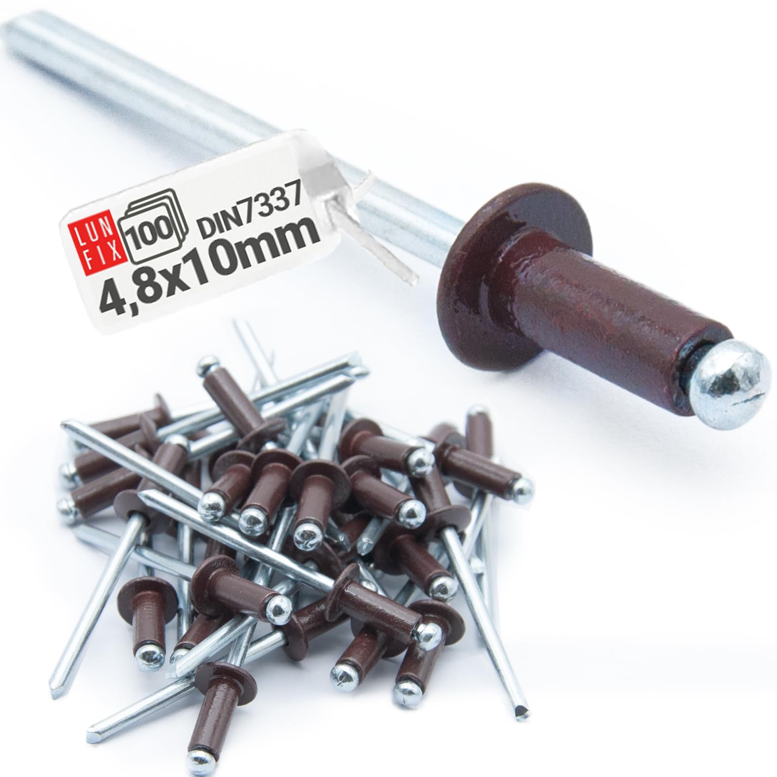 100 rivetti ciechi in alluminio DIN 7337, 4,8 x 10 mm, RAL 8017, colore marrone cioccolato