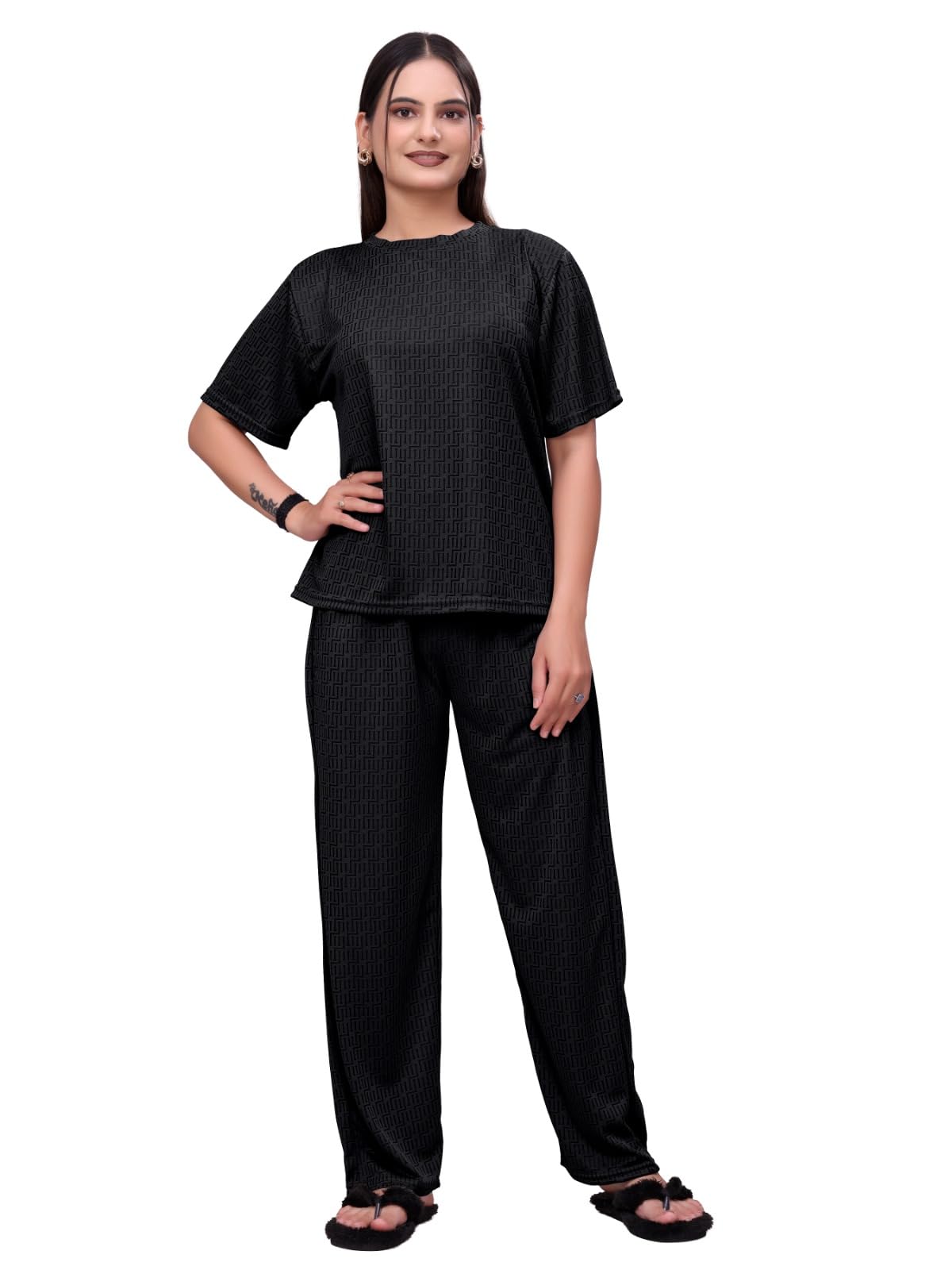 Women’s Aero Jacquard Co-Ord Set | Soft Stretch Lounge Wear Set with Half Sleeve Top & Relaxed Fit Pants | Comfortable Nightwear, Travel & Casual Wear Outfit-image-15
