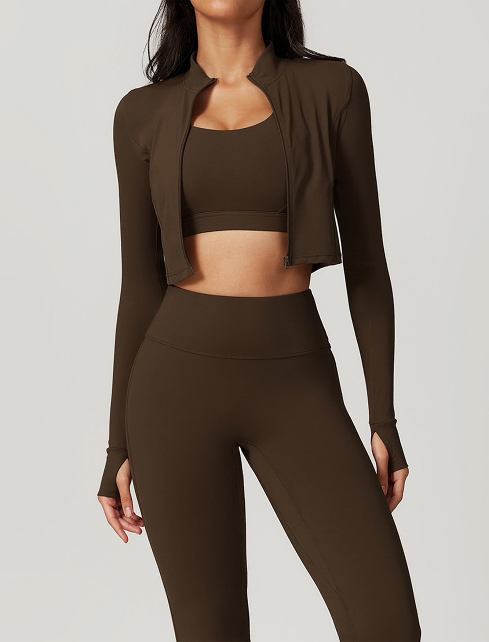 IDOPIP Sport-Set Damen 3-teilig mit Sportjacke: UV-Schutz Gym Set Laufjacke mit Daumenschlaufen + Leggings + Sport BH - Sportkleidung für Fitness, Yoga und Pilates