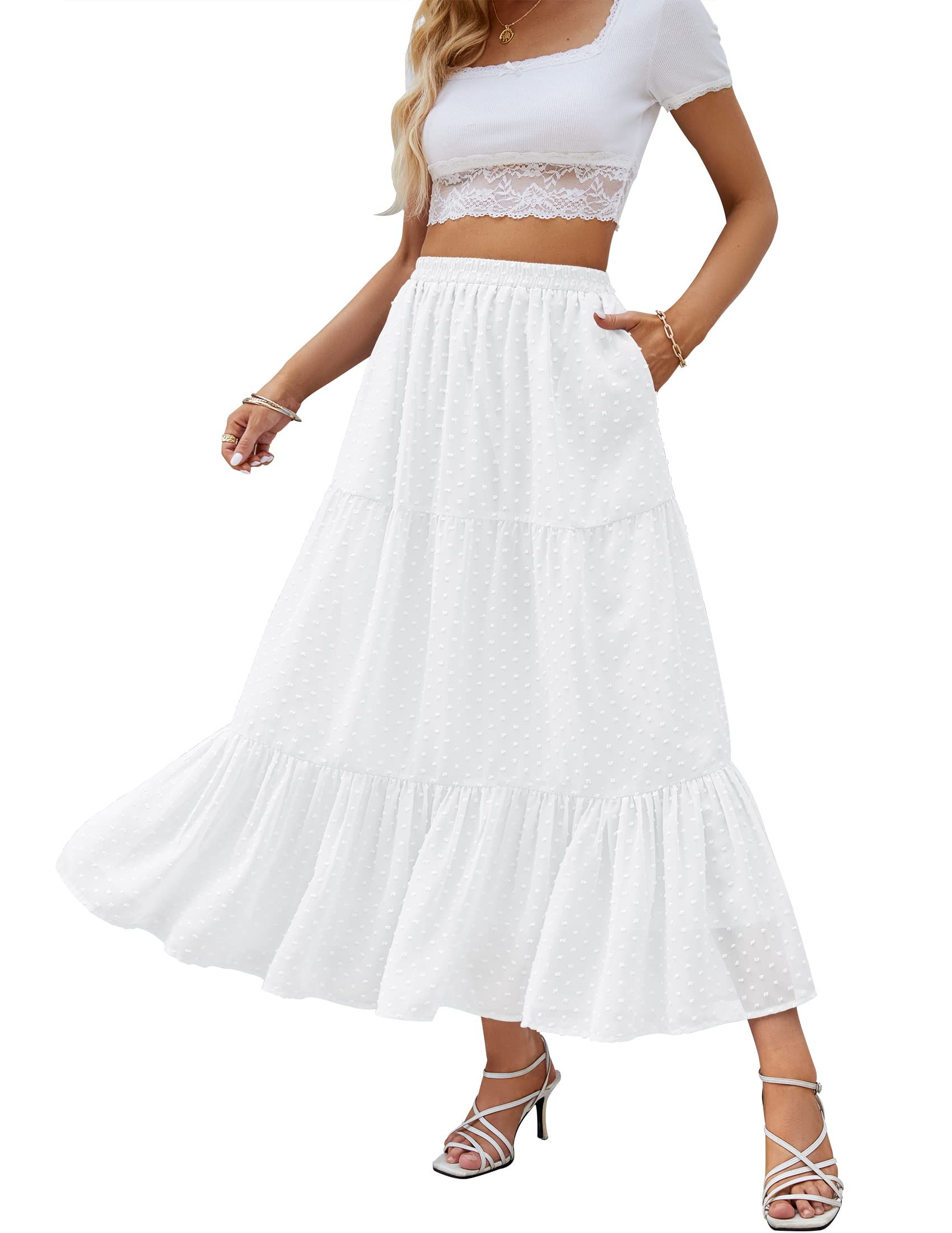 HAEOF Women's 2023 Summer Boho Elastic High Waist Maxi Skirts Chiffon Swiss Dot A-Line Flowy Beach Long Skirt with Pockets