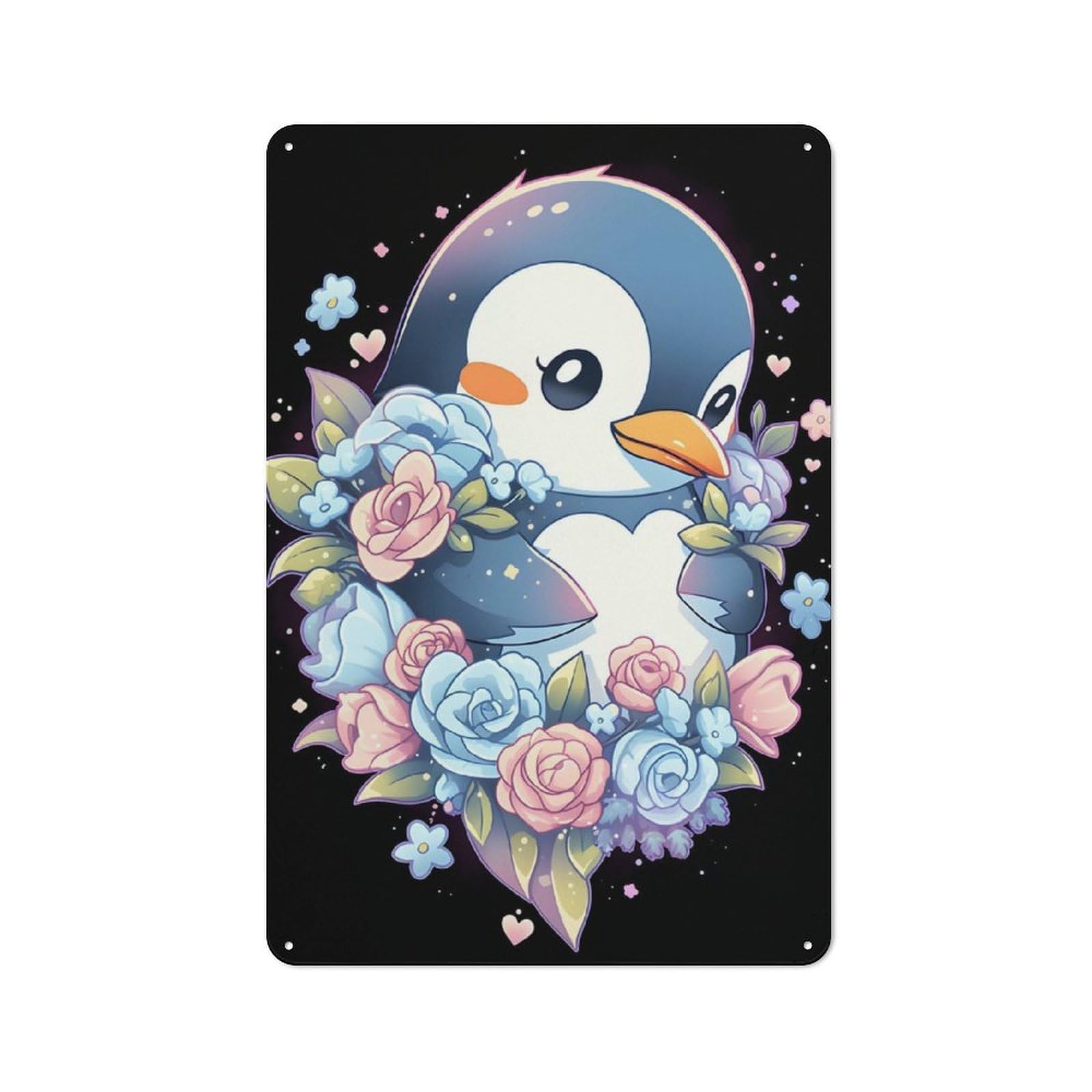 Junmoney Cute Floral Penguin Lovers Rustic Metal Plaque 30X20cm For Living Room Wall, Suited To Home Wall Decor Collectors
