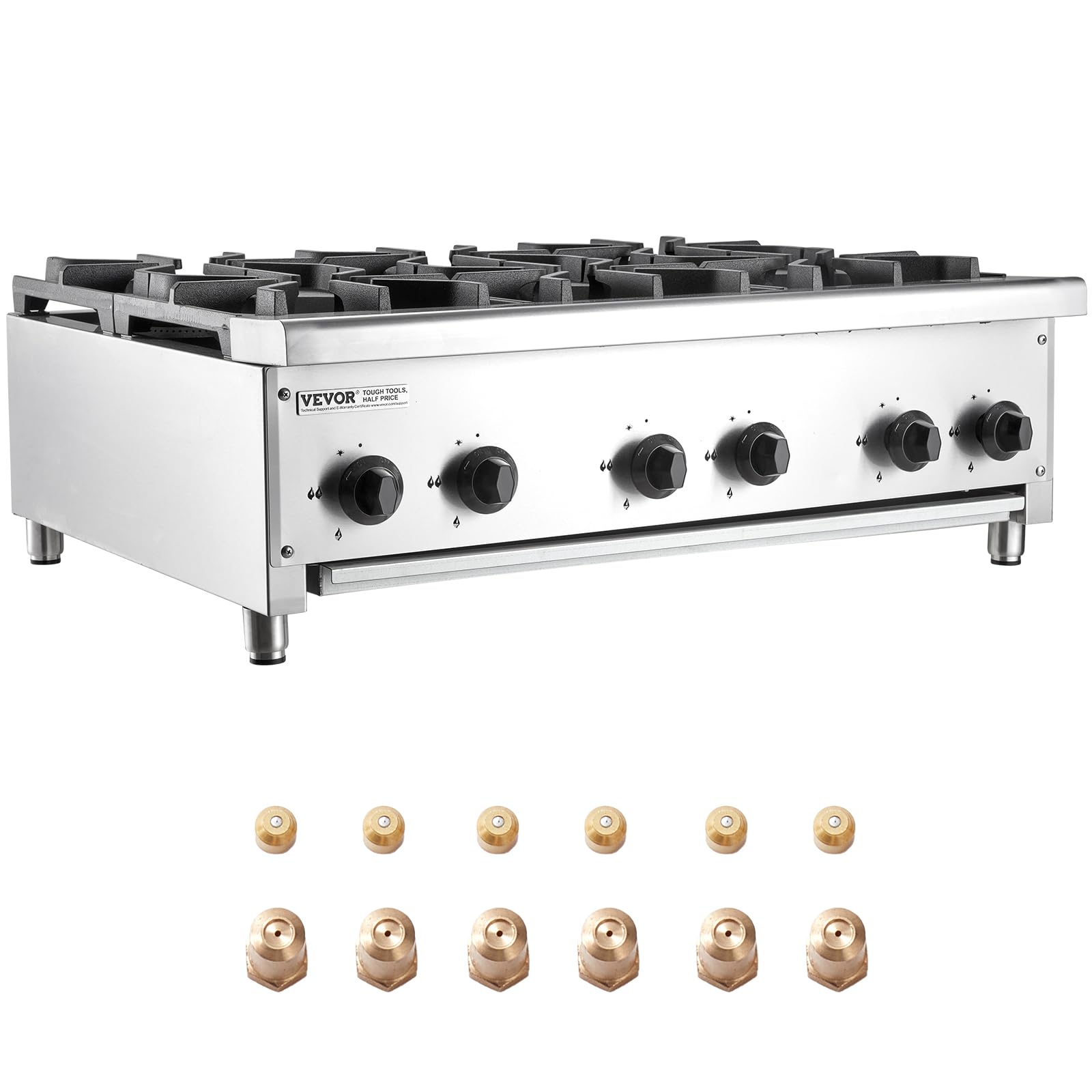 VEVOR Cuisinière à Gaz Commerciale avec 6 Brûleurs, Plaque de Cuisson de Comptoir au Propane et au Gaz Naturel, 42 kW, en Acier Inoxydable, Équipement de Cuisson Commercial pour Restaurant Domicile