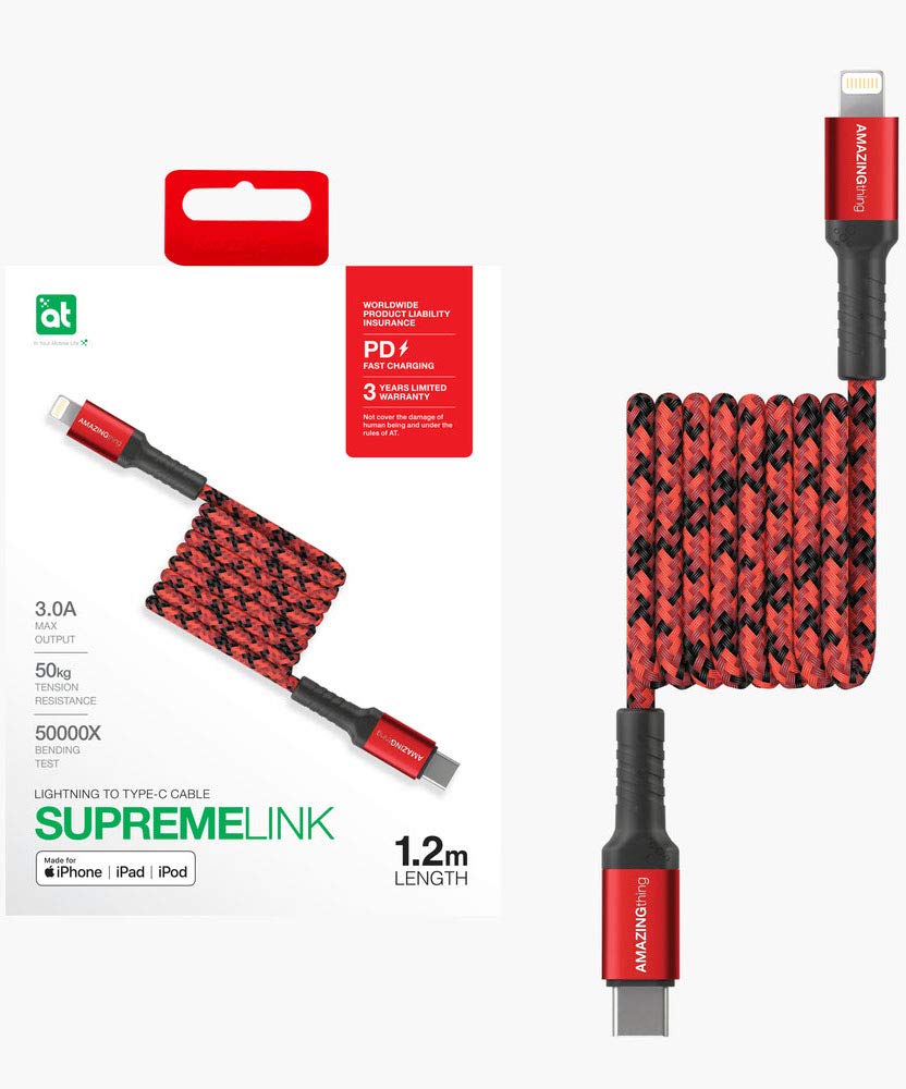 AMAZINGthing Amazing Thing Supreme Link USB-C to Lightning Cable [MFi certified] Fast Charge Type-C 1.2m Strong Dupont Kevlar 50 KG resistance 50000 Bend test 3.0A 20AWG for iPhone, iPad, iPod – Red