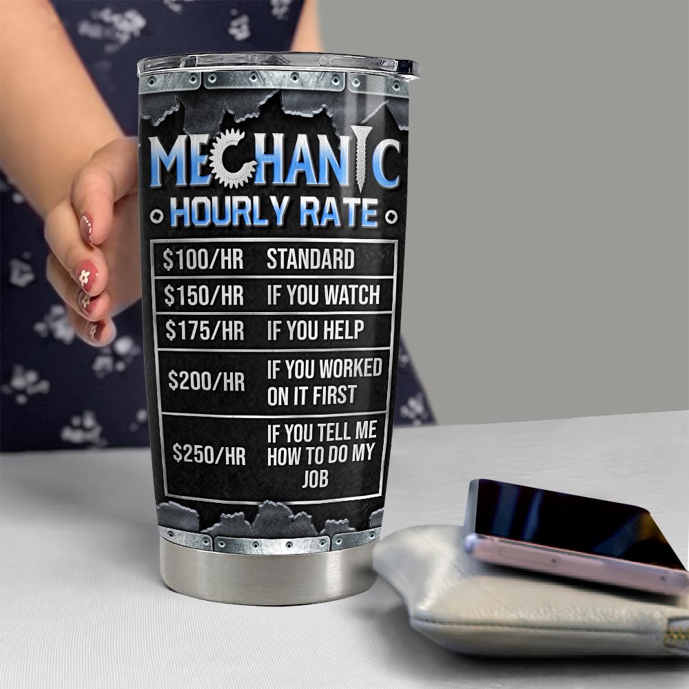 SANDJEST Mechanic Gifts for Men Mechanic Hourly Rate Tumbler 20oz Stainless Steel Insulated Tumblers Coffee Travel Mug Cup Mechanics Gift for Birthday Christmas