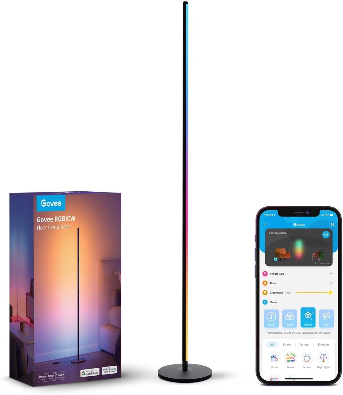 Govee led-vloerlamp, RGBIC, dimbaar met Alexa en Matter, 152 cm, modern, grijs, 16 miljoen kleuren, ambient modi, muziekmodus voor decoratie, woonkamer, slaapkamer en speelkamer
