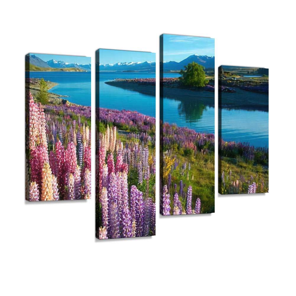 Lupins At Lake Tekapo Canvas Print Artwork Wall Art Pictures Framed Digital Print Abstract Painting Room Home Office Decor Ready to Hang 4 Panel