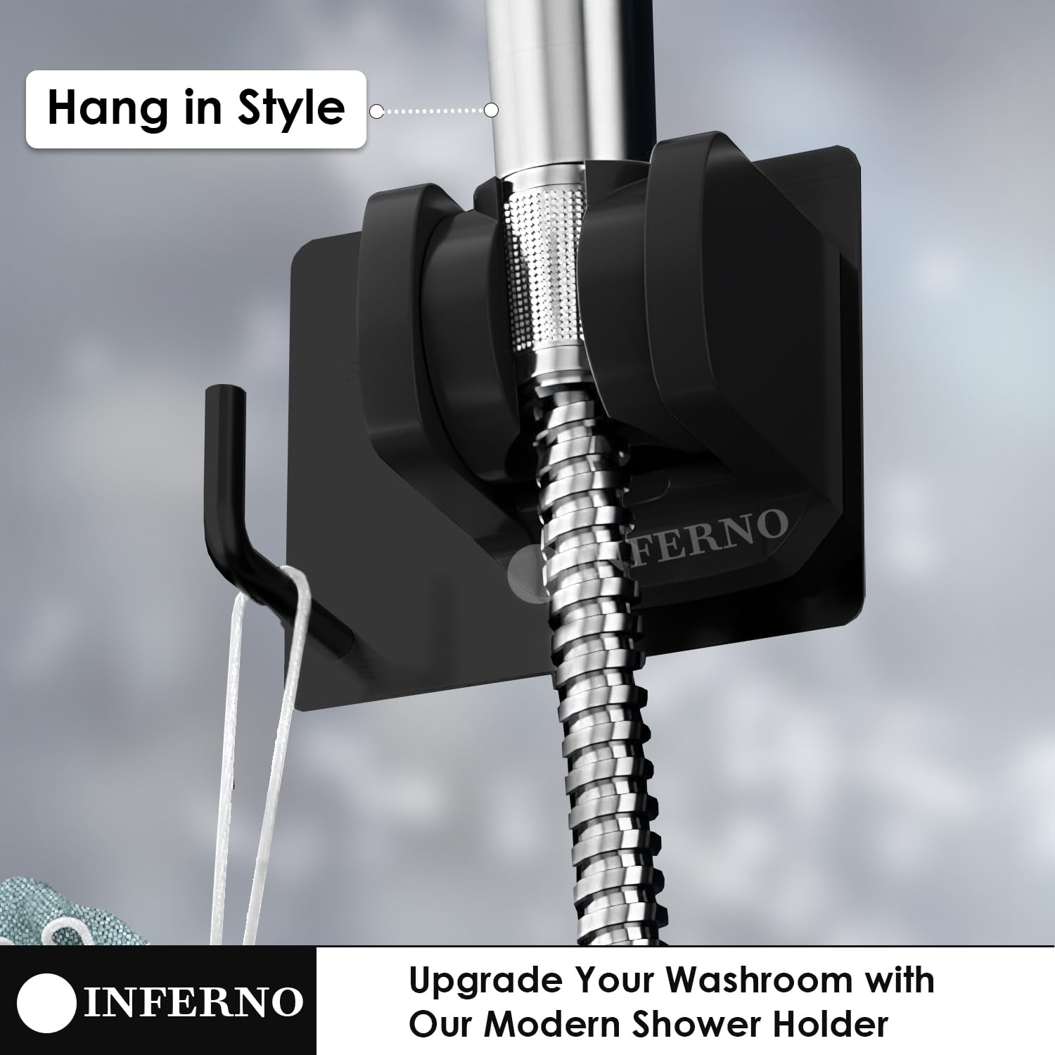 INFERNO® Adhesive Adjustable Bathroom Hand Shower Head Holder Bracket No-Punching Wall Mounted (Black 1 Piece) 3