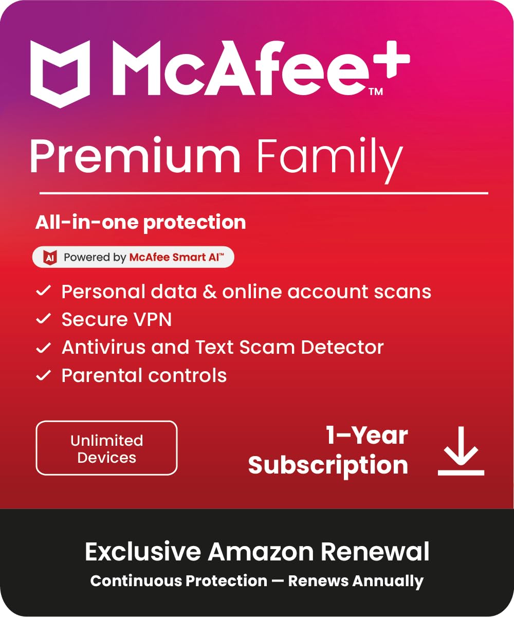 McAfee+ Premium Family Unlimited Devices 2026 |12-Months |Antivirus, Secure VPN |Includes Security Software, Password Manager, Identity Monitoring |Activation Code by email |Amazon Subscriptions
