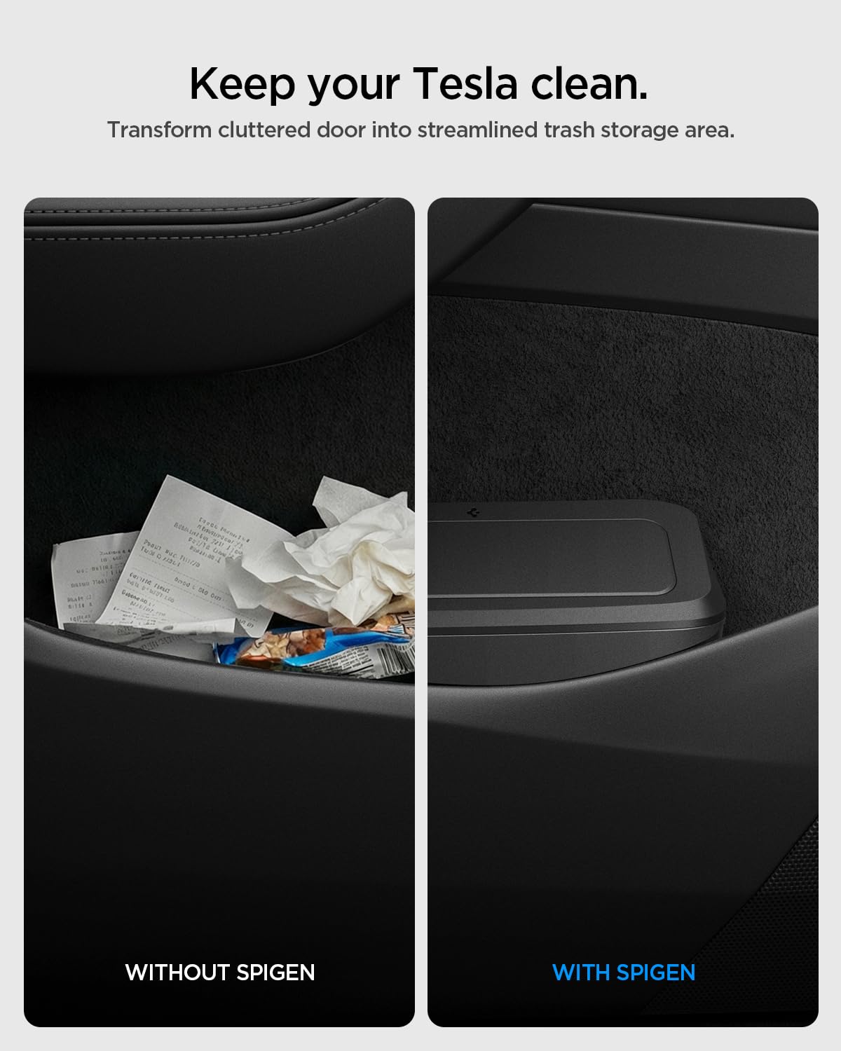 Spigen Tesla Model Y Juniper (2025-2026 Premium & Performance) Portarifiuti per Auto【Inclusi 50 sacchetti] Mini Pattumiera da Portiera Anteriore Lato Guida con Portaoggetti, Design Salvaspazio