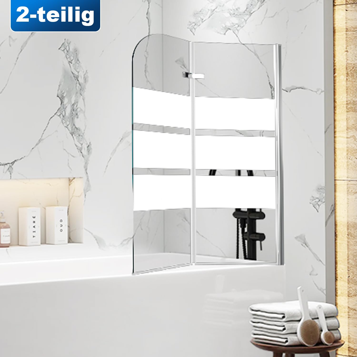 Mampara de ducha para bañera de 100 x 140 cm, 2 unidades, cristal plegable de 6 mm, tira de seguridad EGS, accesorios para cabina de ducha, rayas blancas