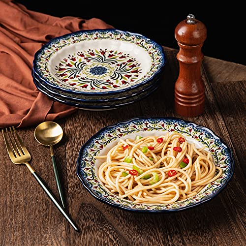 Onecci Ceramic Salad Plate Set,Blue And White 8 Inch Serving Plates Floral Dinner Shallow Plates Set Of 4, Serving Bread Appetizer Dessert Snack (8 Inch) (The Tulip) #TOP2