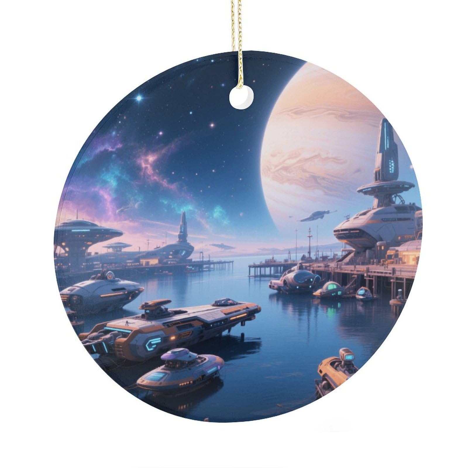 Fekiloot Style Interstellar Harbor Christmas Ornaments 2.9 Inch Round Ceramic Ornament Keepsake Thank You Gifts For Office, Room, Home - Holiday Present Ideas