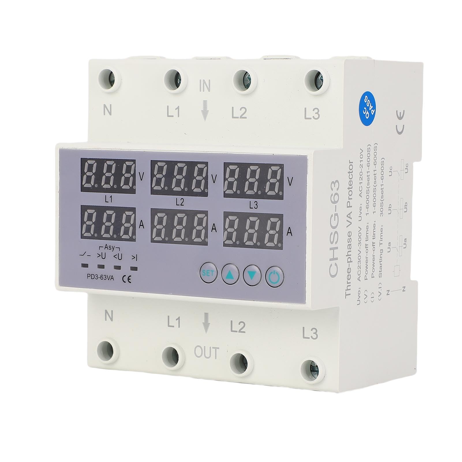 SEAFRONT Voltmetre Rail DIN AC 230‑300V Voltmeter, Amperometro Trifase, Protezione Sovracorrente Sovratensione Automatica Contatore di Energia Misuratore Consumo Elettrico Trifase (63A)